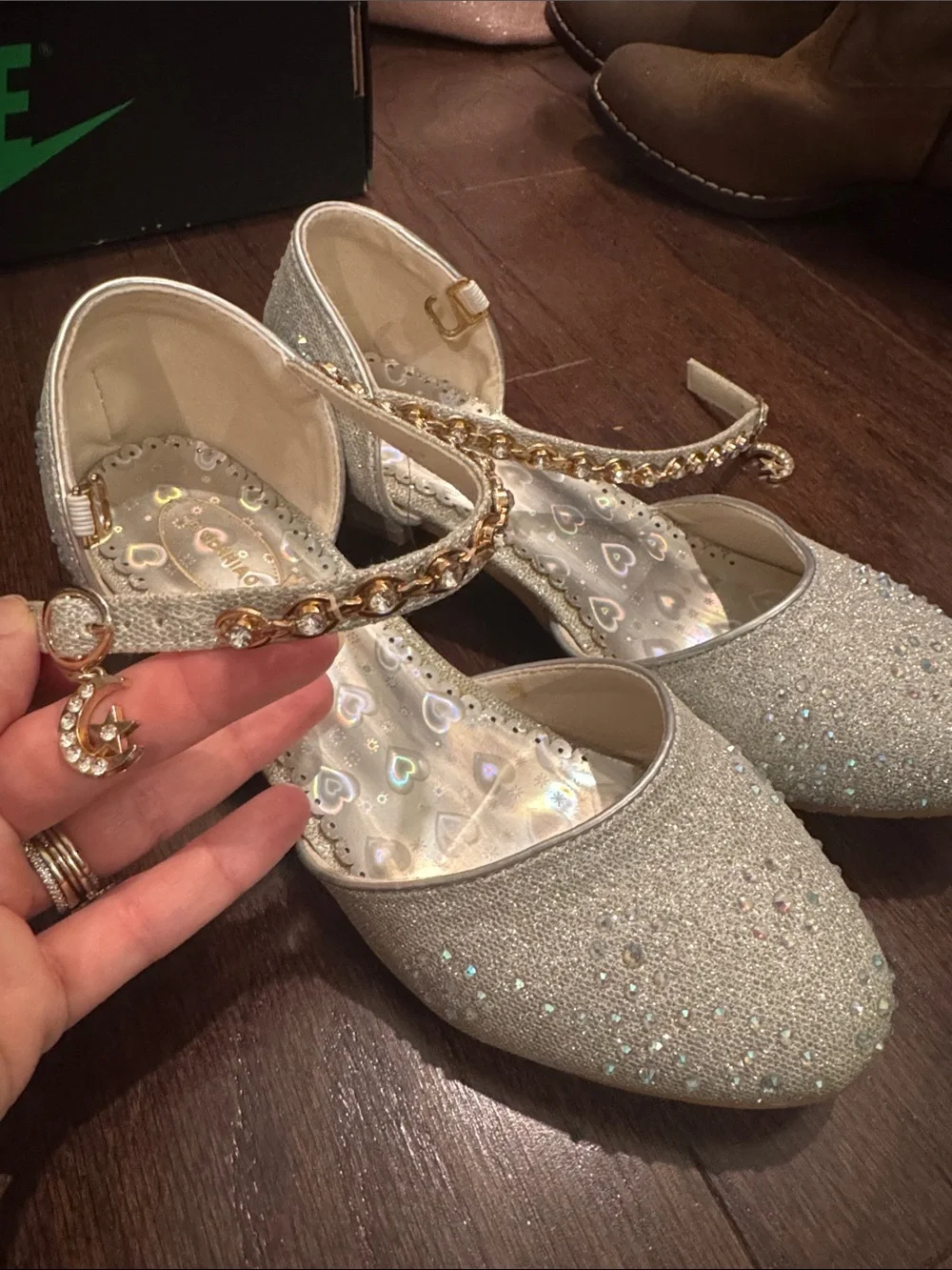 Girls Glitter Silver Dress Flats with Rhinestone Ankle Strap